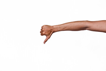 Human hand gesturing thumbs down on white background