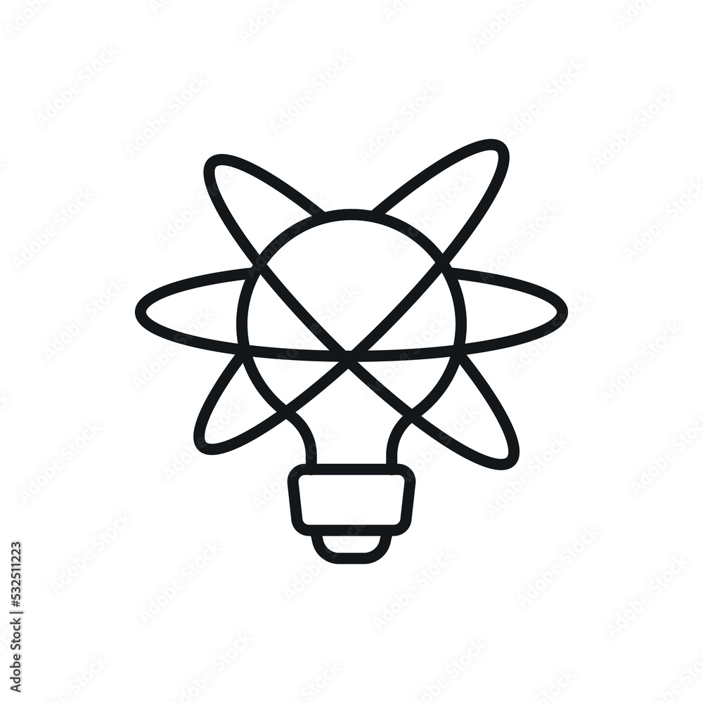 Poster innovation linear icon. light bulb with atom. thin line customizable illustration. contour symbol. v