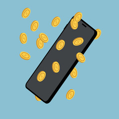 Isometric phone. 3D smartphone. Smartphone and falling coins. Colored illustration on blue background