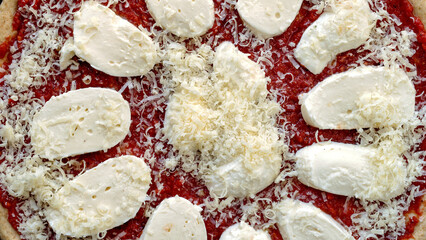 Uncooked pizza with mozzarella cheese and grated Parmesan cheese and tomato sauce. Top view.