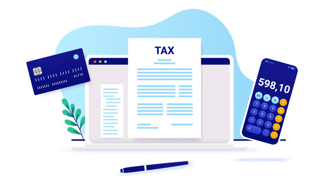 Tax online - Calculating and paying taxes on laptop computer concept. Vector illustration with white background