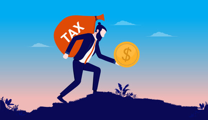 Businessman tax - Man in business walking with big bag of taxes and money coin in hand. Flat design vector illustration