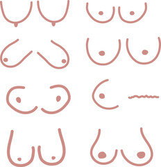 Different types of female breast hand drawing, set of breasts illustration flat style, multiple breast silhouettes - obrazy, fototapety, plakaty