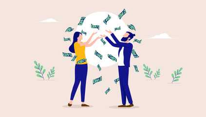 Businesspeople making money - Two people, man and woman throwing paper bills in air, celebrating financial success. Flat design vector illustration