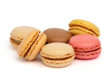 Set of sweet and colorful french macaroons isolated on white background