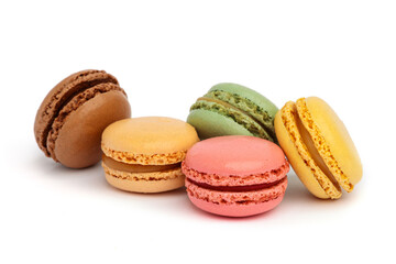 Various sweet and colorful french macaroons isolated on white background