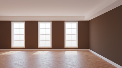 Empty Interior of the Brown Room with a White Ceiling and Cornice, Glossy Herringbone Parquet Flooring, Three Large Windows and a White Plinth. 3d rendering, 8K Ultra HD, 7680x4320, 300 dpi