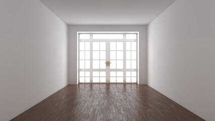 Frontal View of the Empty Interior Concept. White Room with Large Window and a Door with Bronze Handles, Dark Parquet Floor and White Stucco Walls. 3D illustration, 8K Ultra HD, 7680x4320, 300 dpi