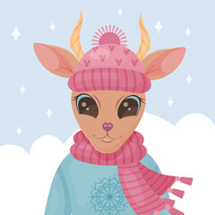 Cute christmas antelope with hat, sweater and scarf. Winter postcard. Vector illustration. Cartoon style.