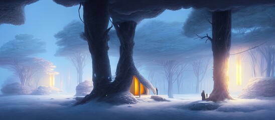 Fantasy winter tree house in the snow, cold, abstract fantasy landscape, trees, snowdrifts, snow, capsule house. 3D illustration - obrazy, fototapety, plakaty