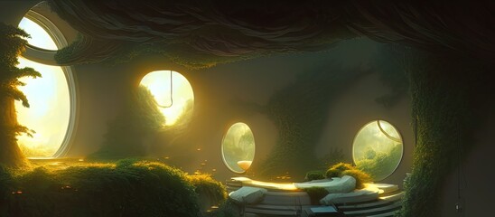 Fantasy tree house, abstract fantasy landscape, trees, grass, capsule house. 3D illustration