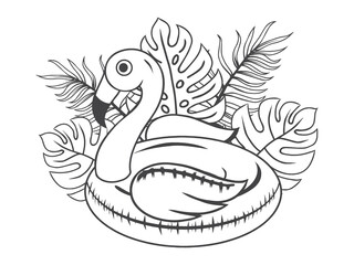 rubber ring for swimming, flamingo and tropical leaves. Monochrome children illustration. Vector illustration. Childrens coloring book. Isolated on white. © leya1703100
