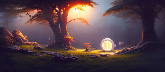 Fantasy tree house, abstract fantasy landscape, trees, grass, capsule house. 3D illustration