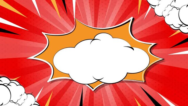 Comic pop art background Cartoon sunburst pattern Blue, Stripes sunburst rotating motion with clouds. Radial lines rotates on a halftone pattern. Retro backdrop for comics superhero text. 4k Animation