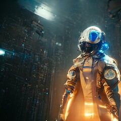 Futuristic astronaut. Fictional modern gear. Cyberpunk inspiration. Epic woman space traveler. Epic set-up, cinematic light, photorealistic rendering.