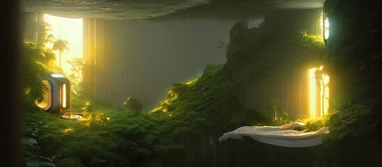 Fantasy tree house, abstract fantasy landscape, trees, grass, capsule house. 3D illustration