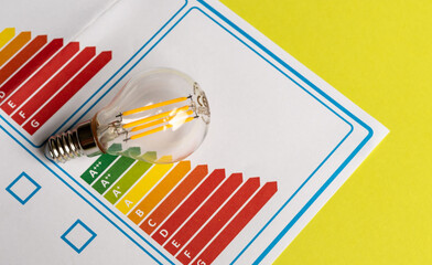 Energy efficiency concept represented with the energy label and a led bulb on a green background