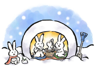 かまくらと3羽のうさぎのイラスト
