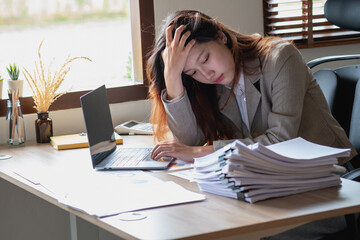Concept Burnout Syndrome. Business Woman feels uncomfortable working. Which is caused by stress,...