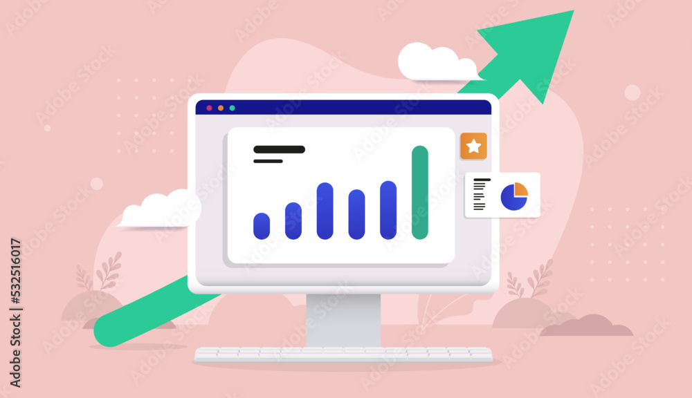 Fototapete Chart growth on computer screen - Desktop PC with diagram and green arrow pointing upwards showing increased result. Vector illustration.