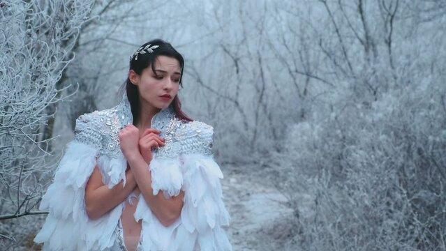 Video with noise. Portrait fantasy woman snow fairy princess, snow queen walks in winter snowy forest nature. White long dress, medieval cape bird feathers. Smiling happy face. hoarfrost branch tree.