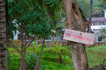 No smoking sign hang on tree in the forest