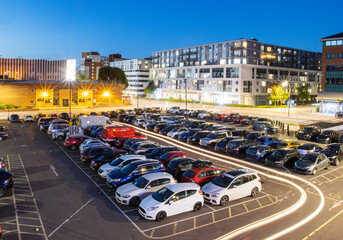 Aerial view of Princes Street Car illuminated at dusk with long exposure