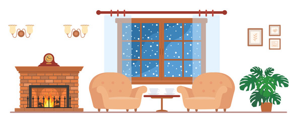 Fireplace, window and two cozy armchairs in interior. Home interior concept. Cartoon flat style. Vector illustration