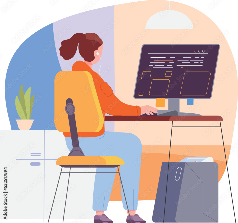 Aufkleber female programmer working on computer. freelancer workplace
