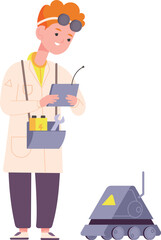 Kid engineer with robot. Boy testing space rover bot