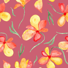 Watercolor orange with red flowers blossom - seamless pattern painting on dark pink background	