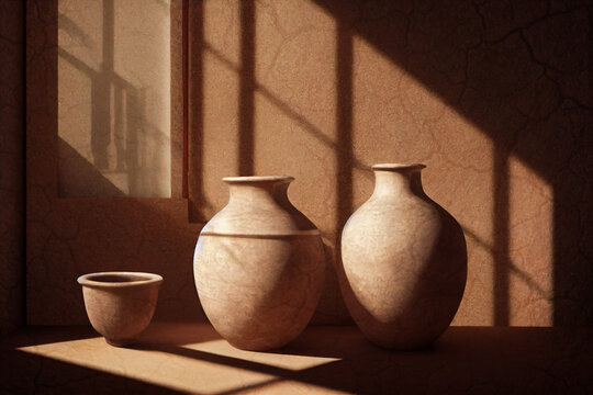 pottery still life, clay pots on a table with rustic wall background, generative ai