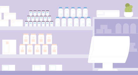 Pharmacy interior. Store cashier with drugs on shelves background
