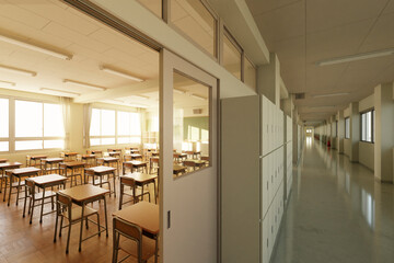 朝日が差し込む早朝の無人の教室と廊下 / スクールライフ・学園ロケーション・青春とノスタルジーのコンセプトイメージ / 3Dレンダリング