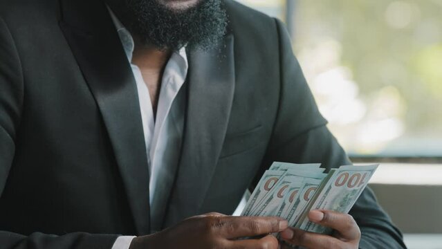 Close up male hands counting stack dollars successful rich businessman african investor banker holding money banknotes exchange currency working in monetary fund real cash investment banking deposit