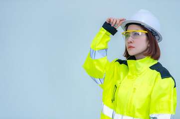 Asian engineer woman on white background