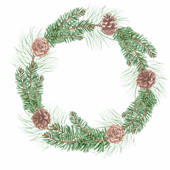 Fototapeta na wymiar Watercolor spruce wreath with cones. Hand painted holiday frame with wild plants. Floral illustration for design, print, fabric or background. Pine cone, green branches