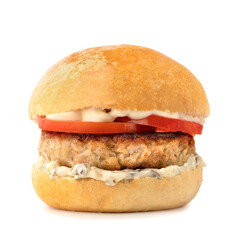 Simple Bun with meat, tomatoes, cucumbers, lettuce on a white background