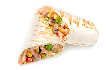 chicken shawarma, doner kebab burrito filling for, isolated on white background
