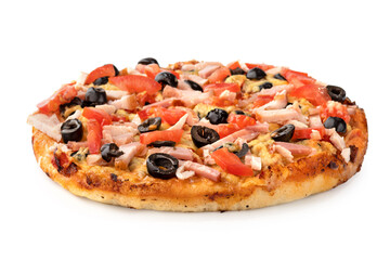 Frozen pizza on a white background. Semi-finished pizza isolated on white background. Top view.