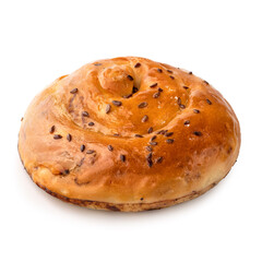 Placinta cake filled with a soft cheese. Isolated on a white background.