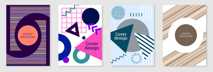 Set of cover design in Memphis style. Geometric design, abstract background. Fashionable bright cover, banner, poster, booklet. Creative colors.