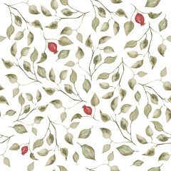 Watercolor seamless pattern with abstract floral branches with leaves, red berries. Hand drawn nature illustration in vintage style on white background. For interior, packaging design or print