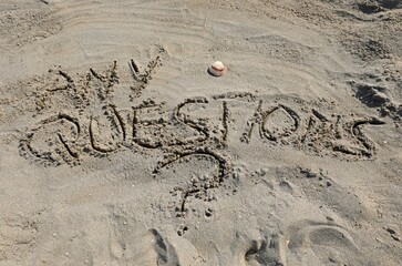 Text ANY QUESTIONS writte on the sand of beach