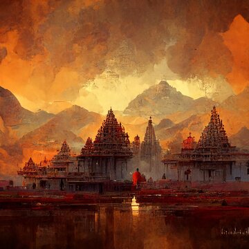 Hinduism inspired concept art. Hindu religious painting. Gods, divinities, colorful geometric shapes with cinematic light and epic set-up. Religious celebration, spirituality, temple.