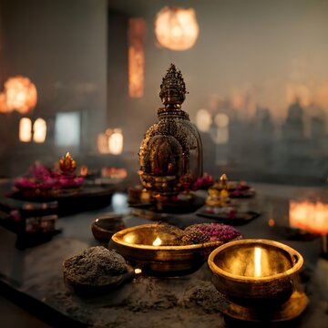 Buddhism inspired concept art. Buddhist religious painting. Buddha, Gods, temples, monks, colorful geometric shapes with cinematic light and epic set-up. Religious celebration, spirituality, sacred