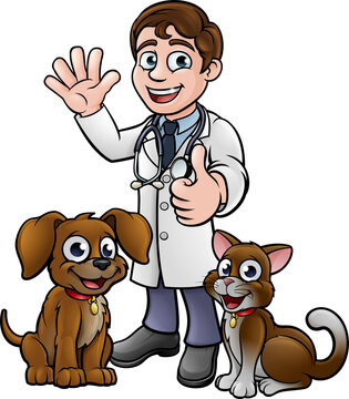 Vet with Pet Cat and Dog Cartoon Characters