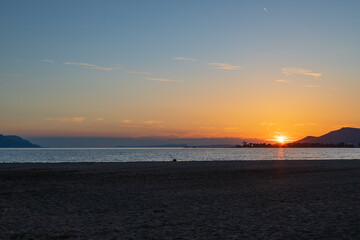 Seascape in Croatia in the Dubrovnik-Neretva area. Sea, ships, sunset.