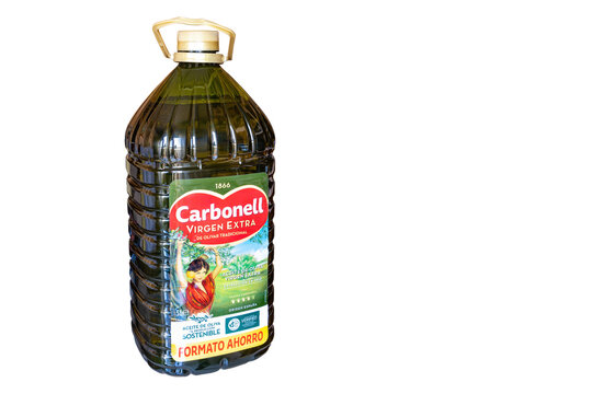 Huelva, Spain - September 22, 2022: Carbonell cold-extraction extra virgin olive oil, in a 5-liter container.