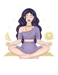 Meditating woman in lotus yoga pose with sun and moon illustration isolated on white background